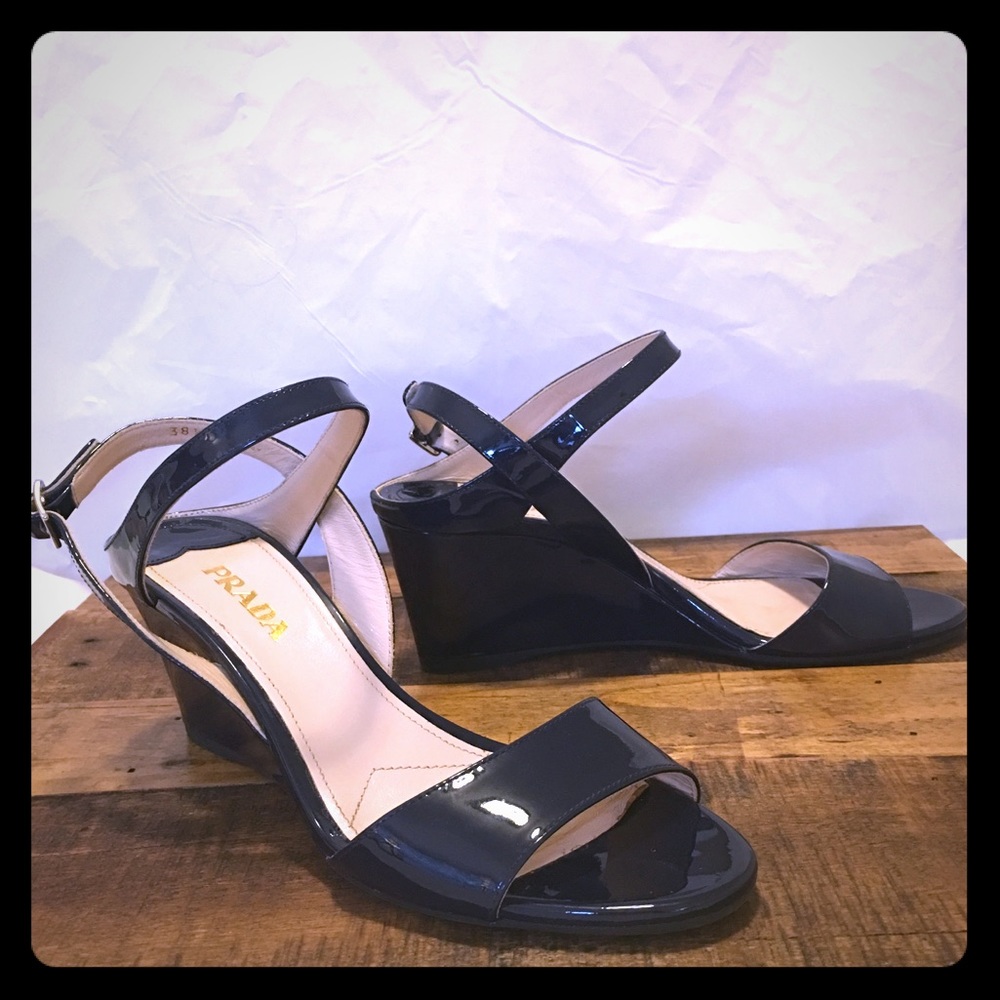 Prada Navy patent leather wedge sandals